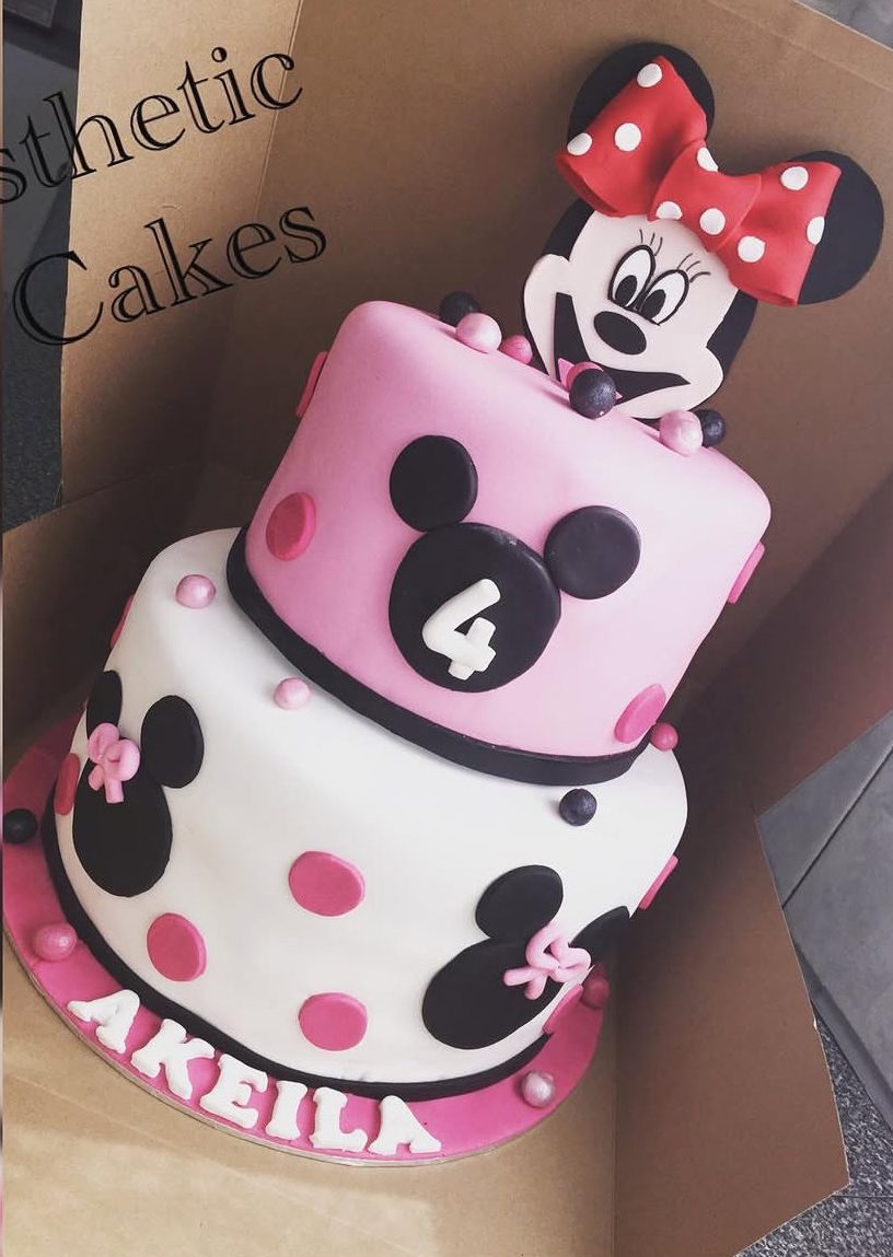 Two-tier Minnie Mouse birthday cake with polka dots