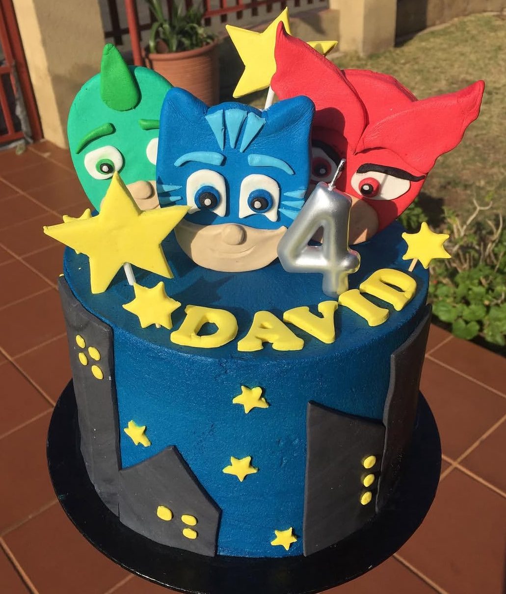 PJ Masks 4th birthday cake for David in bold red, blue and yellow