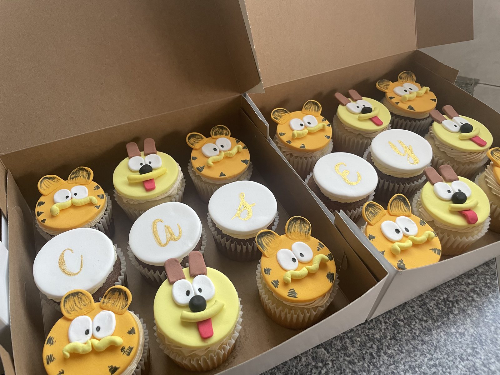 Box of animal-themed decorated cupcakes